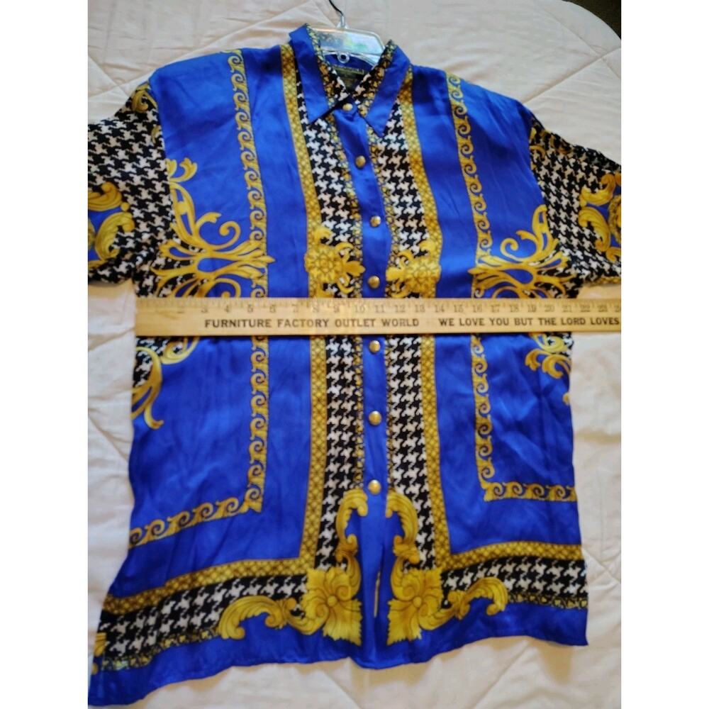 VTG 80s 90s Aris A 100% Silk Baroque Houndstooth Blouse L Royal Blue Gold... - Picture 6 of 11